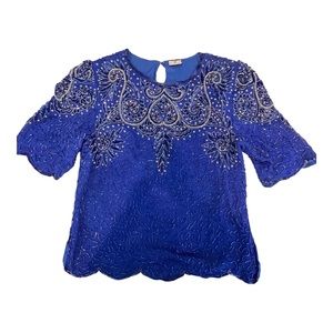Vintage 80’s Women’s Silk Blue Beaded Sequined Evening Blouse Top
